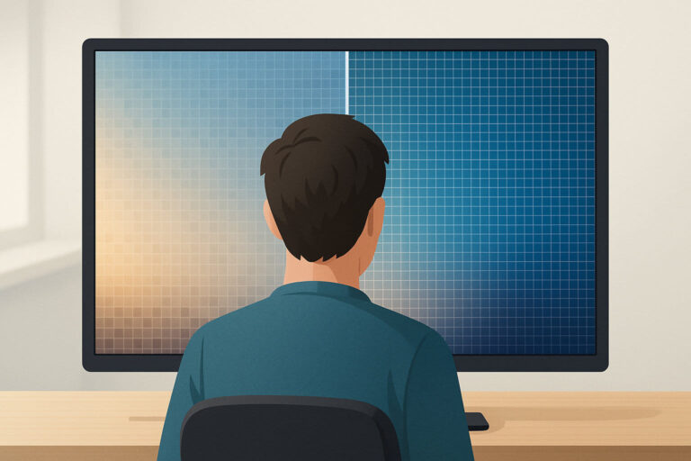 Illustration zeigt den Unterschied zwischen niedriger und hoher Bildschirmauflösung auf einem Monitor