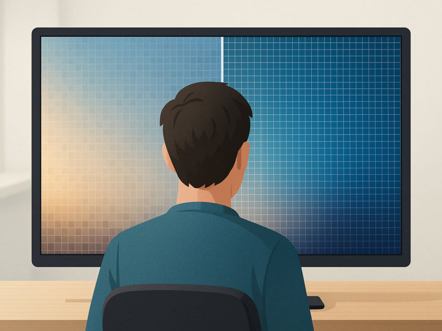 Illustration zeigt den Unterschied zwischen niedriger und hoher Bildschirmauflösung auf einem Monitor