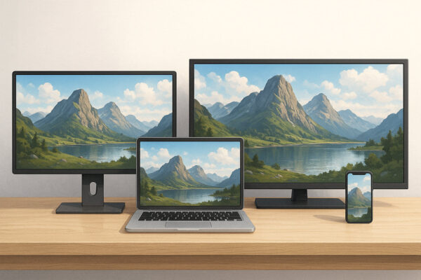 Unterschiede der Bildschirmauflösung bei verschiedenen Geräten Illustration zeigt den Unterschied der Bildschirmauflösung zwischen Monitor, Laptop, Fernseher und Smartphone