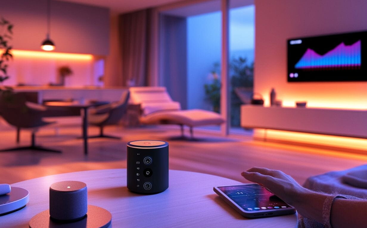 Smart Home mit vernetzten Geräten: Thermostat, Lampen und Sprachassistent gesteuert per Smartphone – Anwendung des Internet der Dinge.
