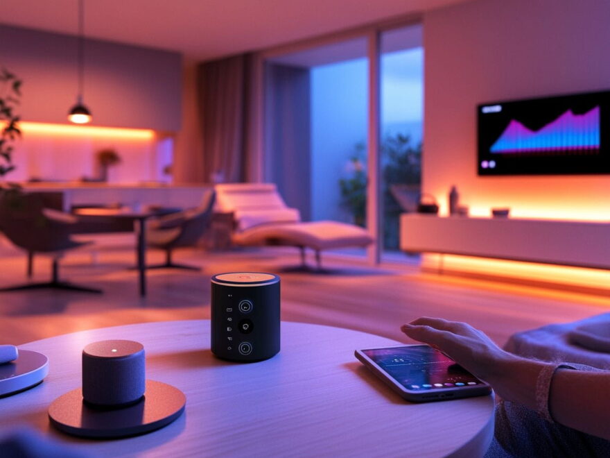 Smart Home mit vernetzten Geräten: Thermostat, Lampen und Sprachassistent gesteuert per Smartphone – Anwendung des Internet der Dinge.