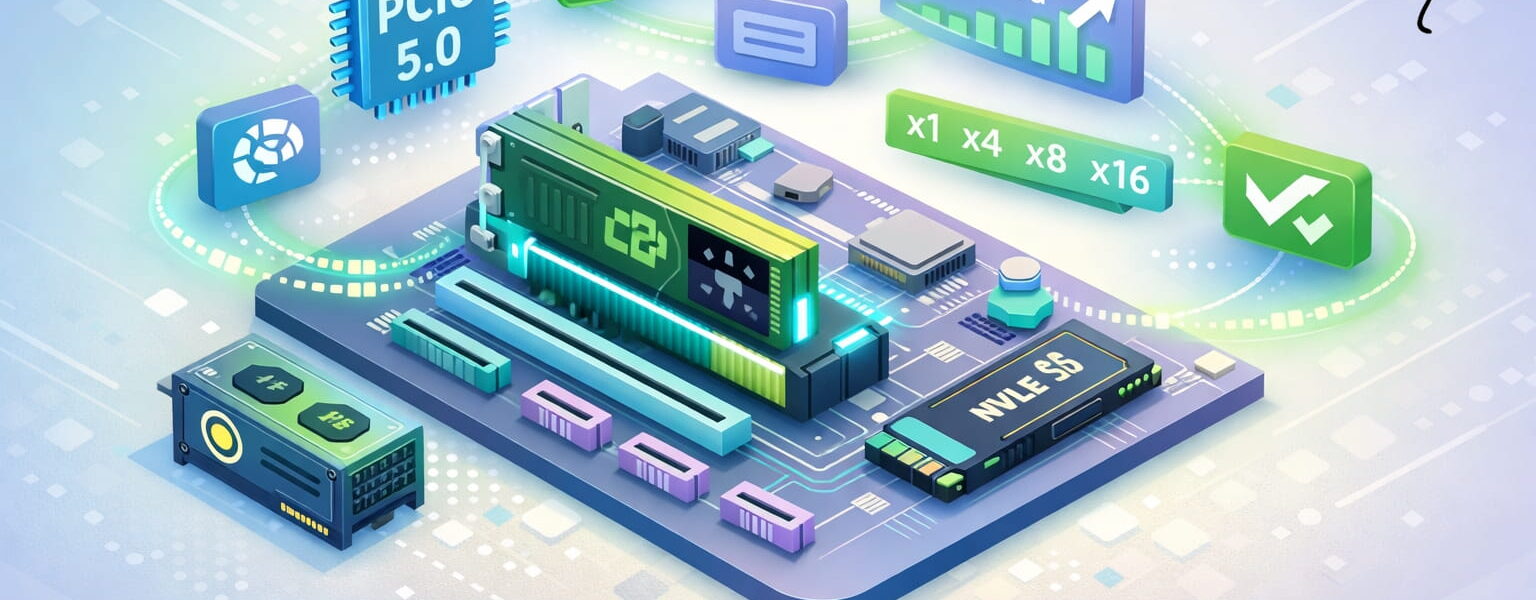 PCI Express Steckplatz mit Grafikkarte und NVMe-SSD in isometrischer Darstellung