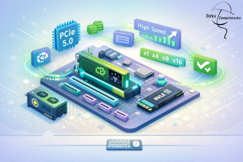PCI Express Steckplatz mit Grafikkarte und NVMe-SSD in isometrischer Darstellung
