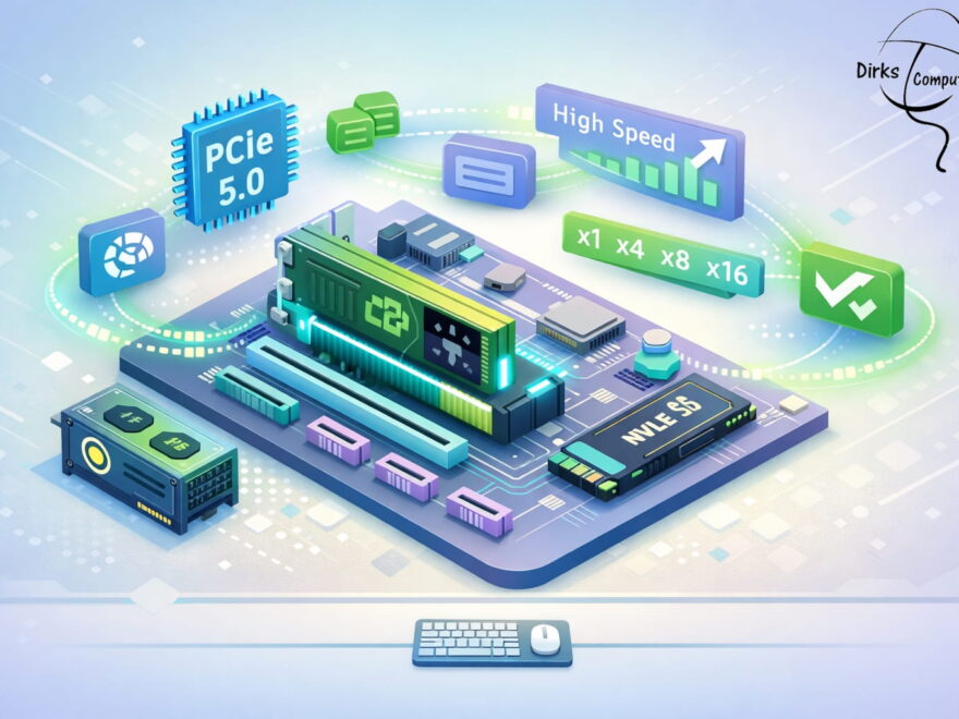 PCI Express Steckplatz mit Grafikkarte und NVMe-SSD in isometrischer Darstellung