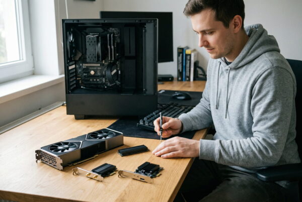 PCI Express Hardware mit Grafikkarte, NVMe SSD und Erweiterungskarten auf Schreibtisch