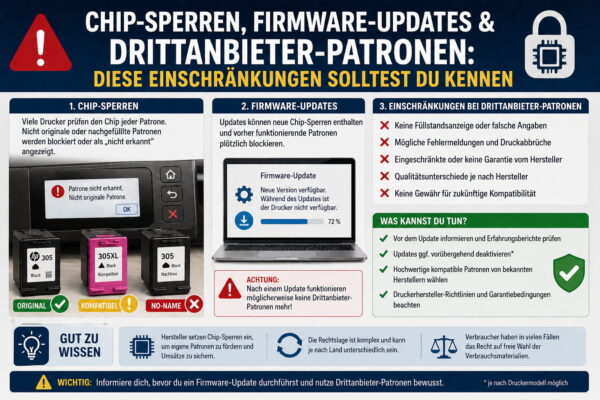 Chip-Sperren und Firmware-Updates bei Druckern können kompatible Drittanbieter-Patronen blockieren oder Fehlermeldungen verursachen