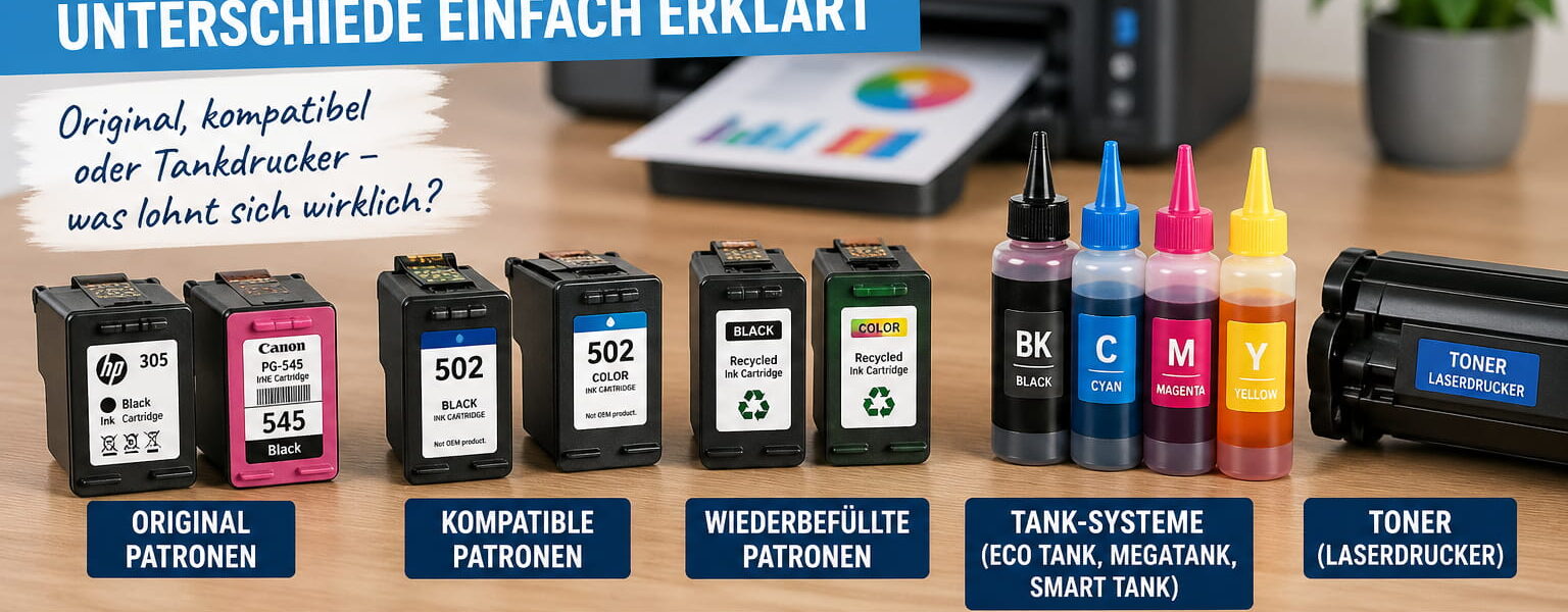 Verschiedene Druckerpatronen im Vergleich – Originalpatronen, kompatible Patronen, Tank-Systeme und Toner nebeneinander dargestellt