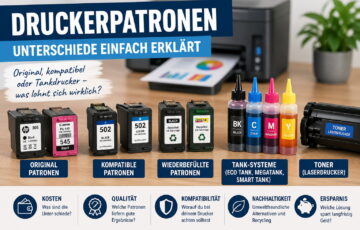 Verschiedene Druckerpatronen im Vergleich – Originalpatronen, kompatible Patronen, Tank-Systeme und Toner nebeneinander dargestellt