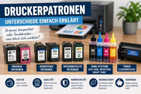 Verschiedene Druckerpatronen im Vergleich – Originalpatronen, kompatible Patronen, Tank-Systeme und Toner nebeneinander dargestellt