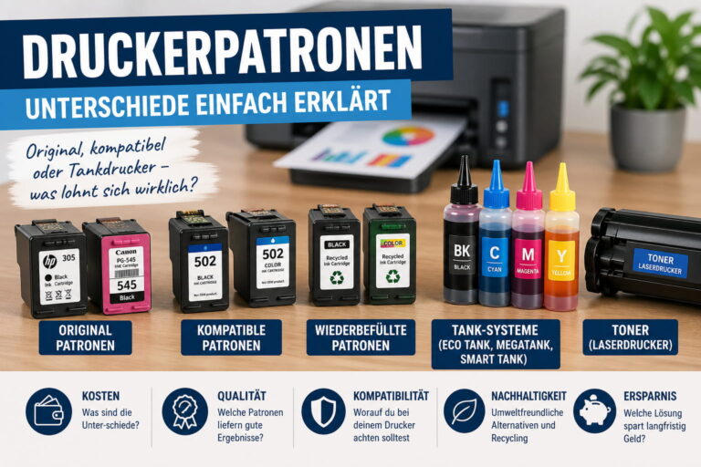 Verschiedene Druckerpatronen im Vergleich – Originalpatronen, kompatible Patronen, Tank-Systeme und Toner nebeneinander dargestellt