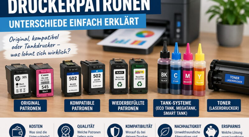 Verschiedene Druckerpatronen im Vergleich – Originalpatronen, kompatible Patronen, Tank-Systeme und Toner nebeneinander dargestellt