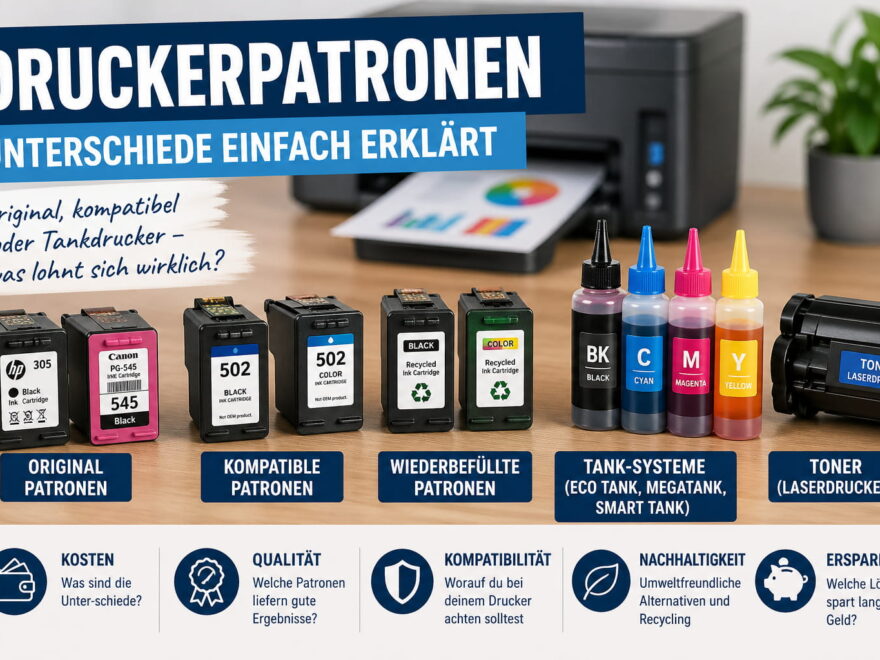 Verschiedene Druckerpatronen im Vergleich – Originalpatronen, kompatible Patronen, Tank-Systeme und Toner nebeneinander dargestellt