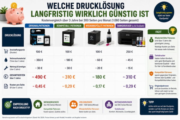Vergleich der langfristigen Druckkosten von Originalpatronen, kompatiblen Patronen, wiederbefüllten Patronen und Tankdruckern