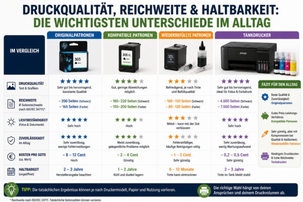 Vergleich von Druckqualität, Reichweite und Haltbarkeit verschiedener Druckerpatronen und Tankdrucker im Alltag