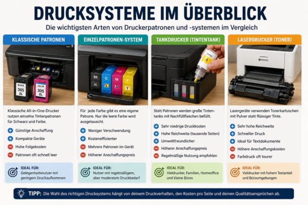 Vergleich verschiedener Drucksysteme mit klassischen Druckerpatronen, Tankdruckern und Laserdruckern im Überblick