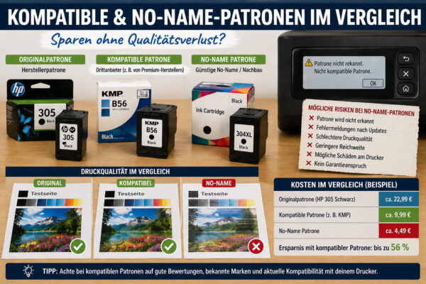 Vergleich von Originalpatronen, kompatiblen Druckerpatronen und günstigen No-Name-Patronen mit Qualitäts- und Kostenunterschieden