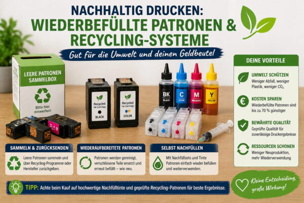 Wiederbefüllte Druckerpatronen und Recycling-Systeme für nachhaltiges Drucken im Vergleich dargestellt