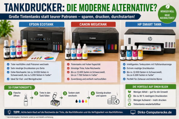 Vergleich moderner Tankdrucker von Epson EcoTank, Canon MegaTank und HP Smart Tank mit sichtbaren Tintentanks