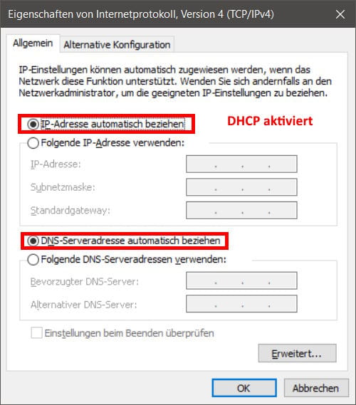 DHCP aktiviert bei Windows DHCP aktiviert bei Windows