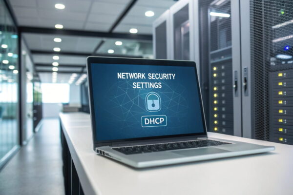 Sicherheitsaspekte von DHCP in Windows-Netzwerken – Visualisierung Visualisierung von Sicherheitsaspekten bei DHCP in einem Windows-Netzwerk, mit Laptop und Firewall-Symbol.