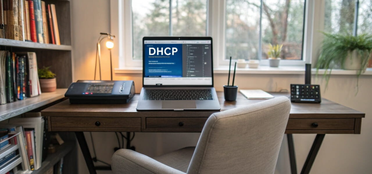 Darstellung der DHCP-Einstellungen in einem Windows-Netzwerk auf einem Laptop im modernen Homeoffice.