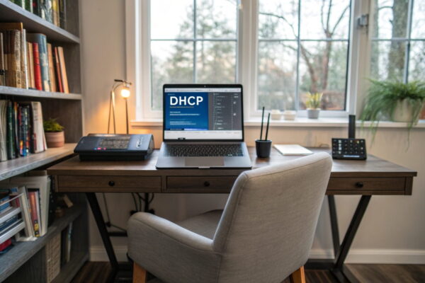 Darstellung der DHCP-Einstellungen in einem Windows-Netzwerk auf einem Laptop im modernen Homeoffice.