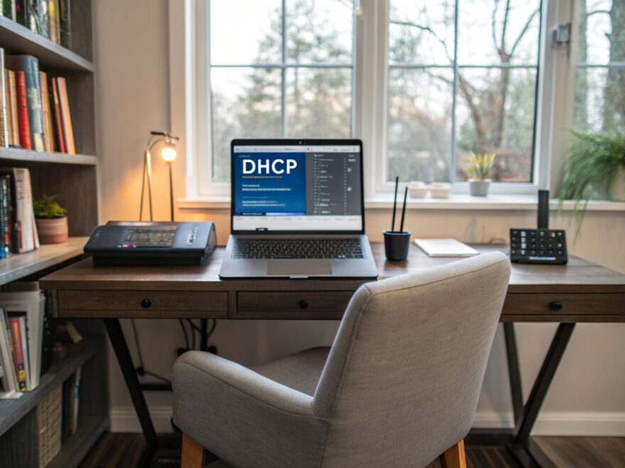 Darstellung der DHCP-Einstellungen in einem Windows-Netzwerk auf einem Laptop im modernen Homeoffice.