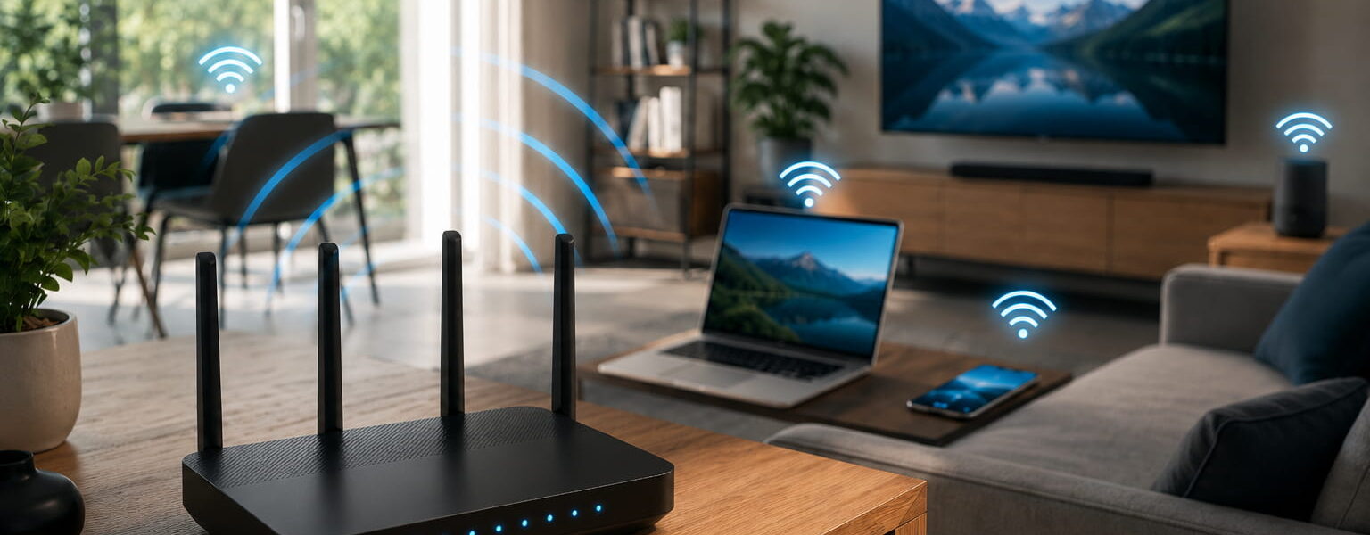 Moderner WLAN-Router mit verbundenen Geräten als Beispiel für IEEE 802.11 und schnelles kabelloses Internet