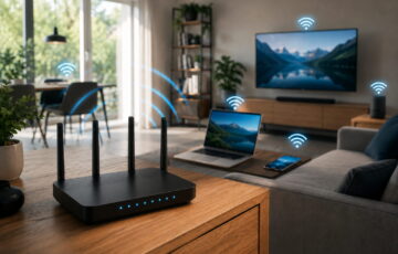 Moderner WLAN-Router mit verbundenen Geräten als Beispiel für IEEE 802.11 und schnelles kabelloses Internet