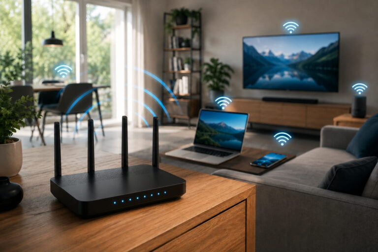 Moderner WLAN-Router mit verbundenen Geräten als Beispiel für IEEE 802.11 und schnelles kabelloses Internet