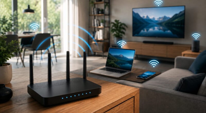 Moderner WLAN-Router mit verbundenen Geräten als Beispiel für IEEE 802.11 und schnelles kabelloses Internet