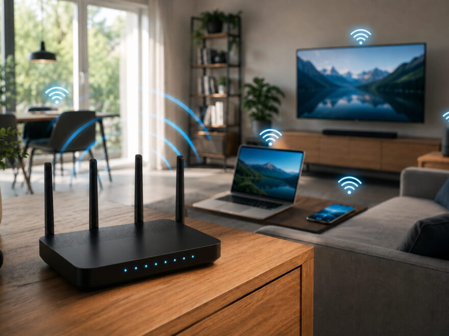 Moderner WLAN-Router mit verbundenen Geräten als Beispiel für IEEE 802.11 und schnelles kabelloses Internet
