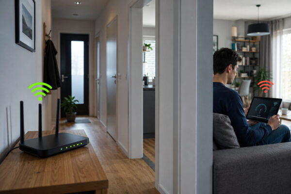 WLAN-Router im Flur und langsame Verbindung im entfernten Wohnbereich trotz schnellem Internet