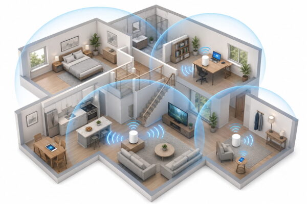 Mesh-WLAN in einem Haus mit mehreren WLAN-Knoten für stabile Abdeckung in allen Räumen