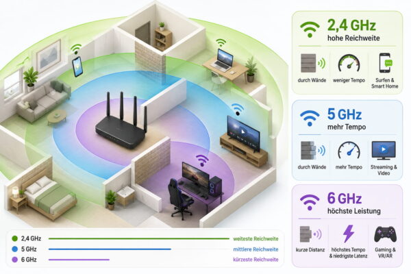 Infografik zu 2,4 GHz, 5 GHz und 6 GHz im WLAN mit Reichweite und Geschwindigkeit im Vergleich