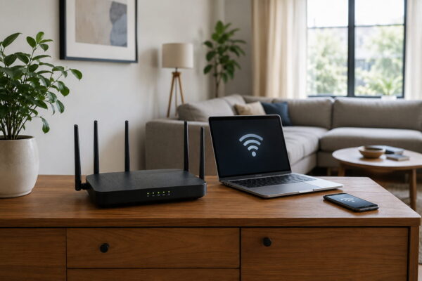 Frei platzierter WLAN-Router auf einem Sideboard für besseres IEEE-802.11-WLAN