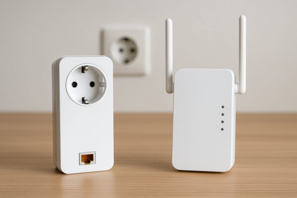 Powerline-Adapter und WLAN-Repeater im Vergleich auf einem Holztisch