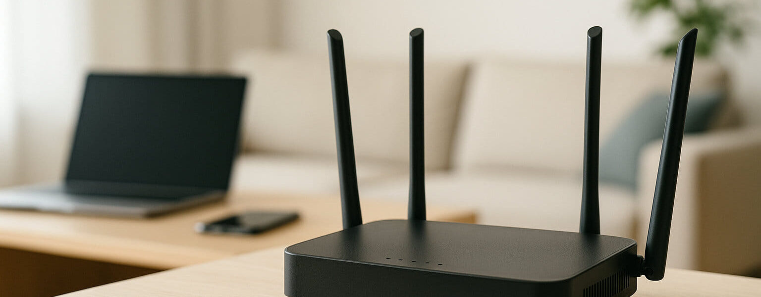 Router als zentrale Netzwerkhardware im Heimnetzwerk auf einem Regal