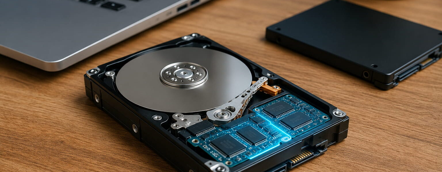 SSHD Hybrid-Festplatte mit HDD-Platter und Flash-Speicher als Kombination aus Festplatte und SSD