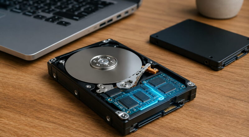 SSHD Hybrid-Festplatte mit HDD-Platter und Flash-Speicher als Kombination aus Festplatte und SSD