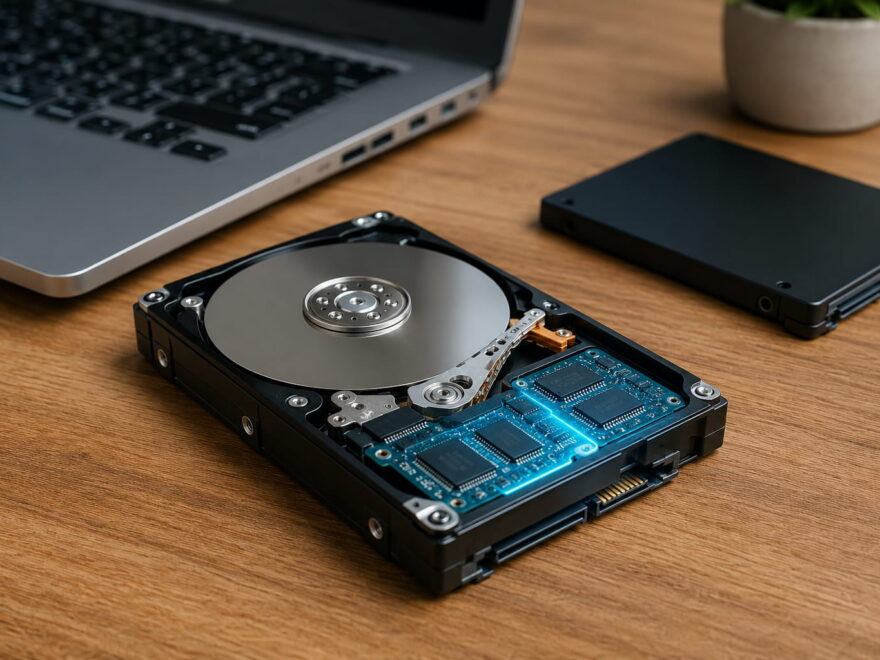 SSHD Hybrid-Festplatte mit HDD-Platter und Flash-Speicher als Kombination aus Festplatte und SSD