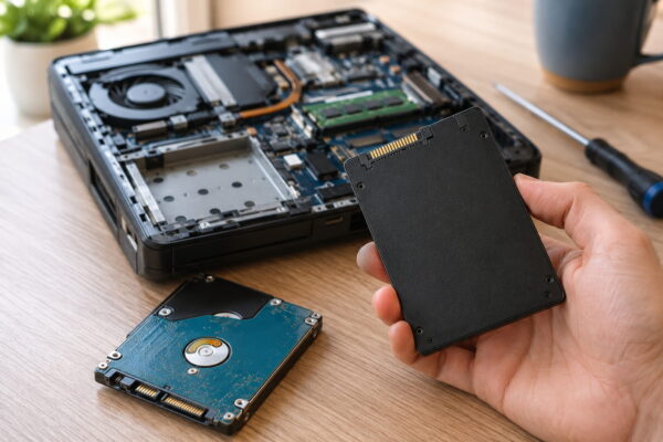 SSHD oder SSD: Wann sich ein Upgrade lohnt SSD-Upgrade statt SSHD in einem geöffneten Notebook