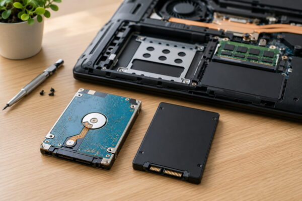 Was tun, wenn dein PC noch eine SSHD nutzt? Geöffnetes Notebook mit SSHD und SSD beim Laufwerks-Upgrade