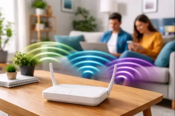 WLAN-Router sendet Funksignale über verschiedene Frequenzbereiche im Wohnzimmer