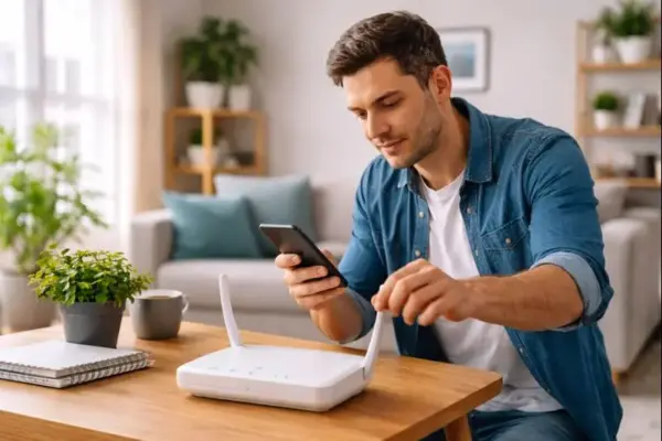 Person optimiert WLAN-Router für bessere Stabilität und Geschwindigkeit