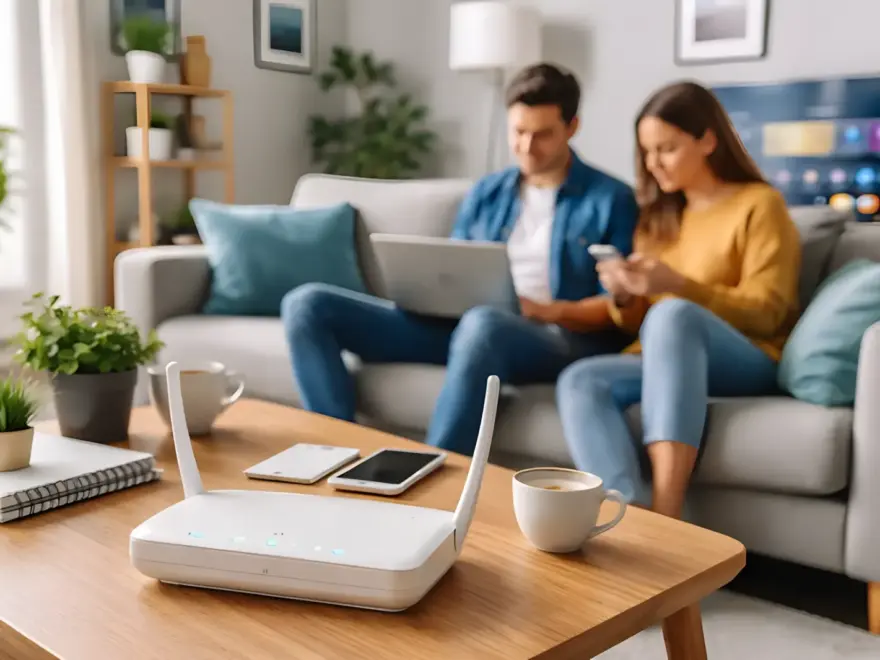 WLAN-Router im Wohnzimmer verbindet Smartphone und Laptop drahtlos mit dem Internet
