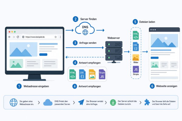 Infografik zeigt, wie ein Browser über HTTP eine Webseite lädt – von der Webadresse über DNS und Server bis zur fertigen Webseite.