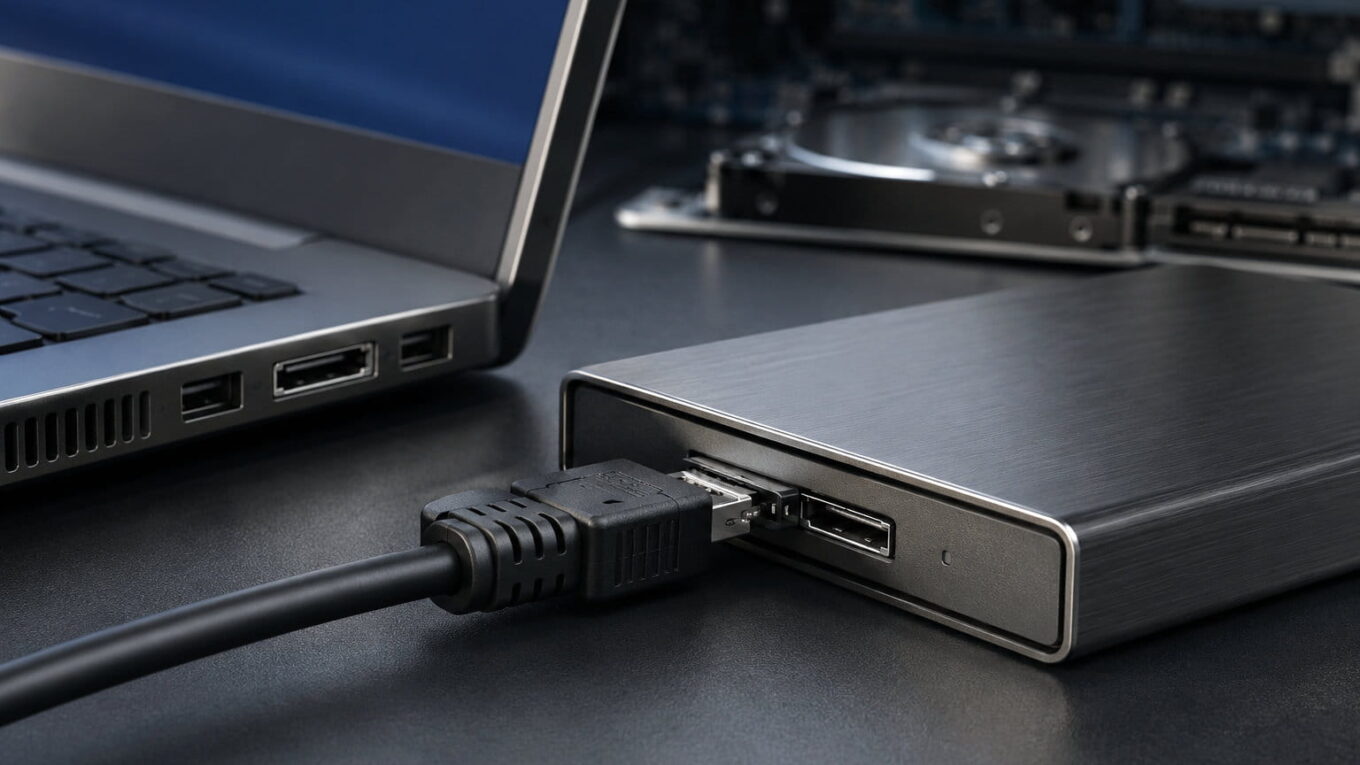 Externe Festplatte mit eSATA-Kabel an einem Laptop