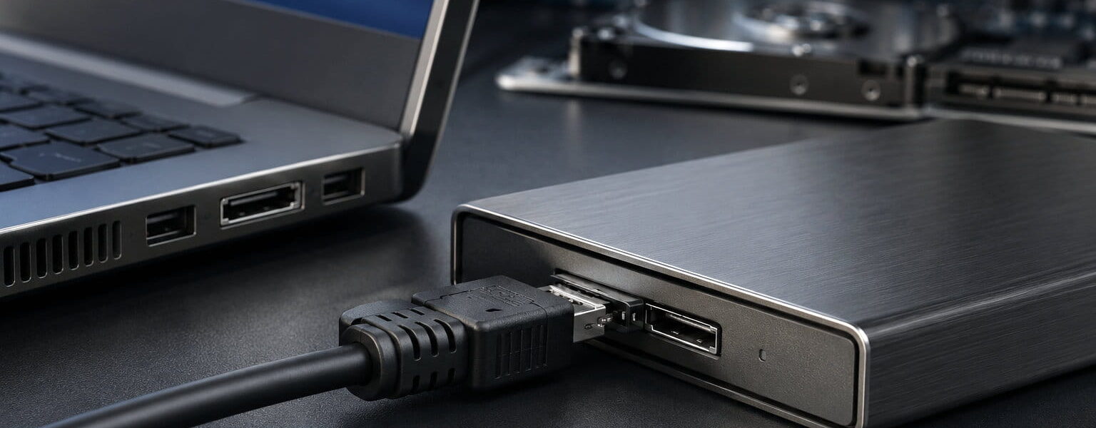 Externe Festplatte mit eSATA-Kabel an einem Laptop