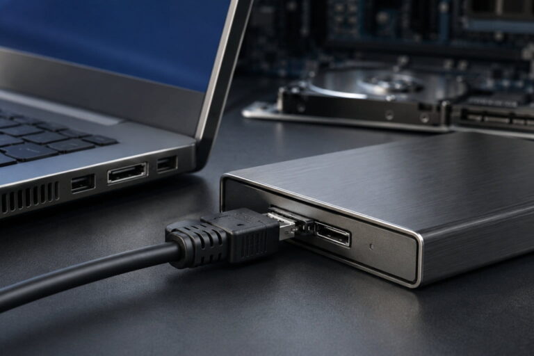 Externe Festplatte mit eSATA-Kabel an einem Laptop